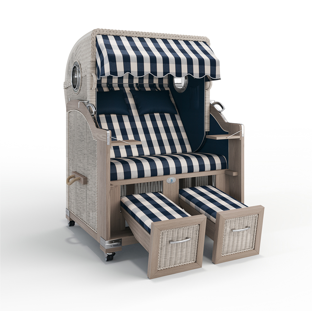 Strandkorb Landhaus Sylt-Teak Vintage-Nature White-MÜNCHEN blau-48105-46575-mit Bullaugen-TeakSafe anthrazit-Terrassenrollen