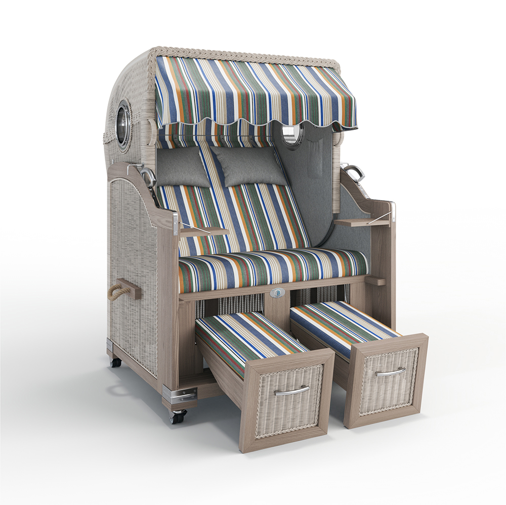 Strandkorb Landhaus Sylt-Teak Vintage-Nature White-LISSABON cayenne-52213-56203-mit Bullaugen-Silverline-Terrassenrollen