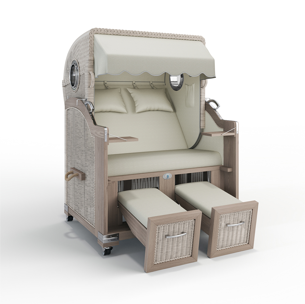 Strandkorb Landhaus Sylt-Teak Vintage-Nature White-SAN SEBASTIAN sand-31417-31417-mit Bullaugen-Silverline-Terrassenrollen