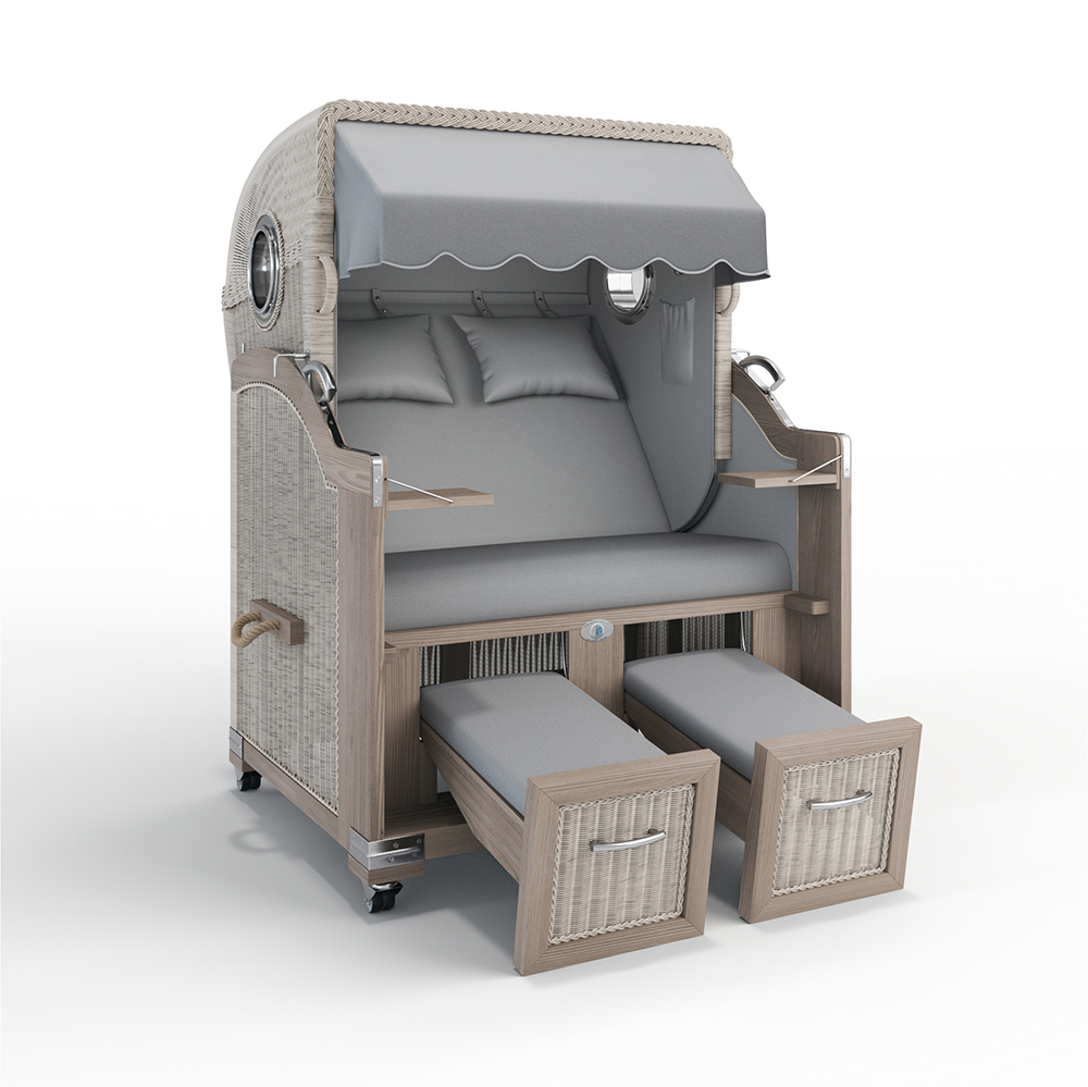 Strandkorb Landhaus Sylt-Teak Vintage-Nature White-HERITAGE hellgrau-35200-35200-mit Bullaugen-Silverline-Terrassenrollen