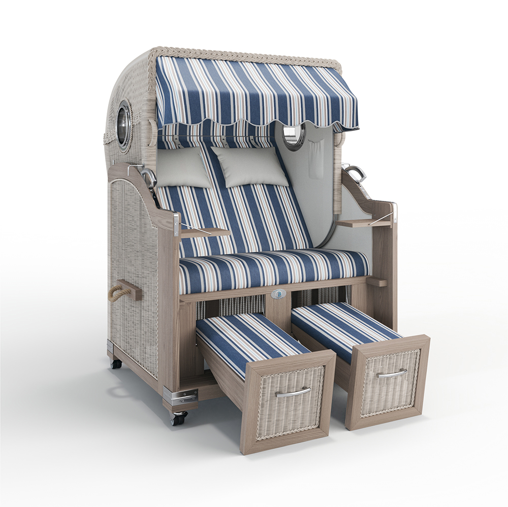 Strandkorb Landhaus Sylt-Teak Vintage-Nature White-GRANADA blau-55205-46528-mit Bullaugen-Silverline-Terrassenrollen