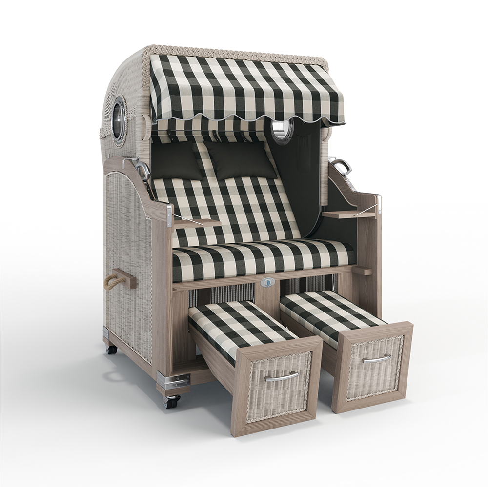 Strandkorb Landhaus Sylt-Teak Vintage-Nature White-MÜNCHEN grau-48108-46508-mit Bullaugen-TeakSafe anthrazit-Terrassenrollen