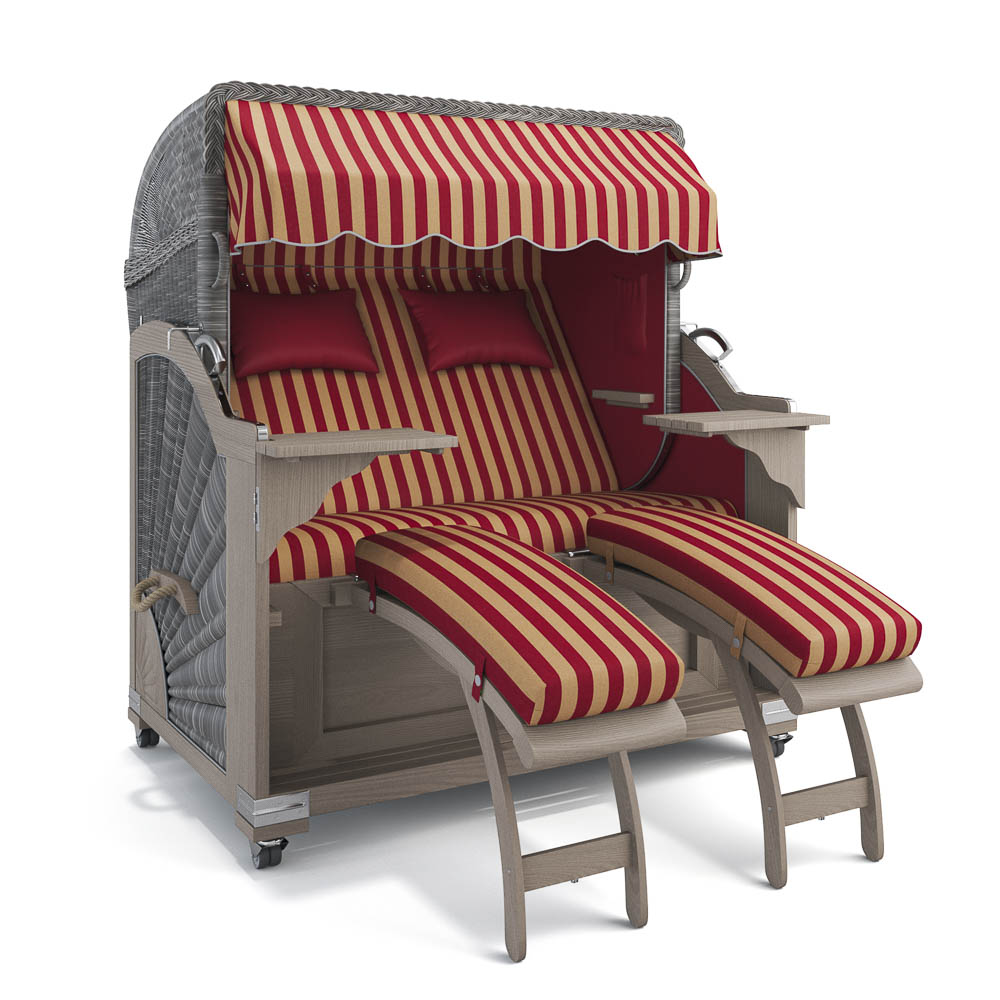 Strandkorb Kampen-Teak Vintage-Old Teak-PORTO-rot-creme-82333-46573-ohne Bullaugen-TeakSafe anthrazit-Terrassenrollen