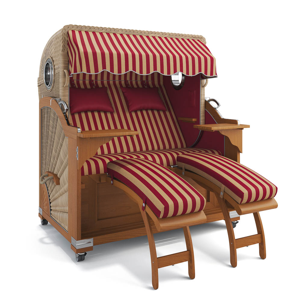 Strandkorb Kampen-Teak-Nature Sand-PORTO-rot-creme-82333-46573-mit Bullaugen-TeakSafe anthrazit-Terrassenrollen