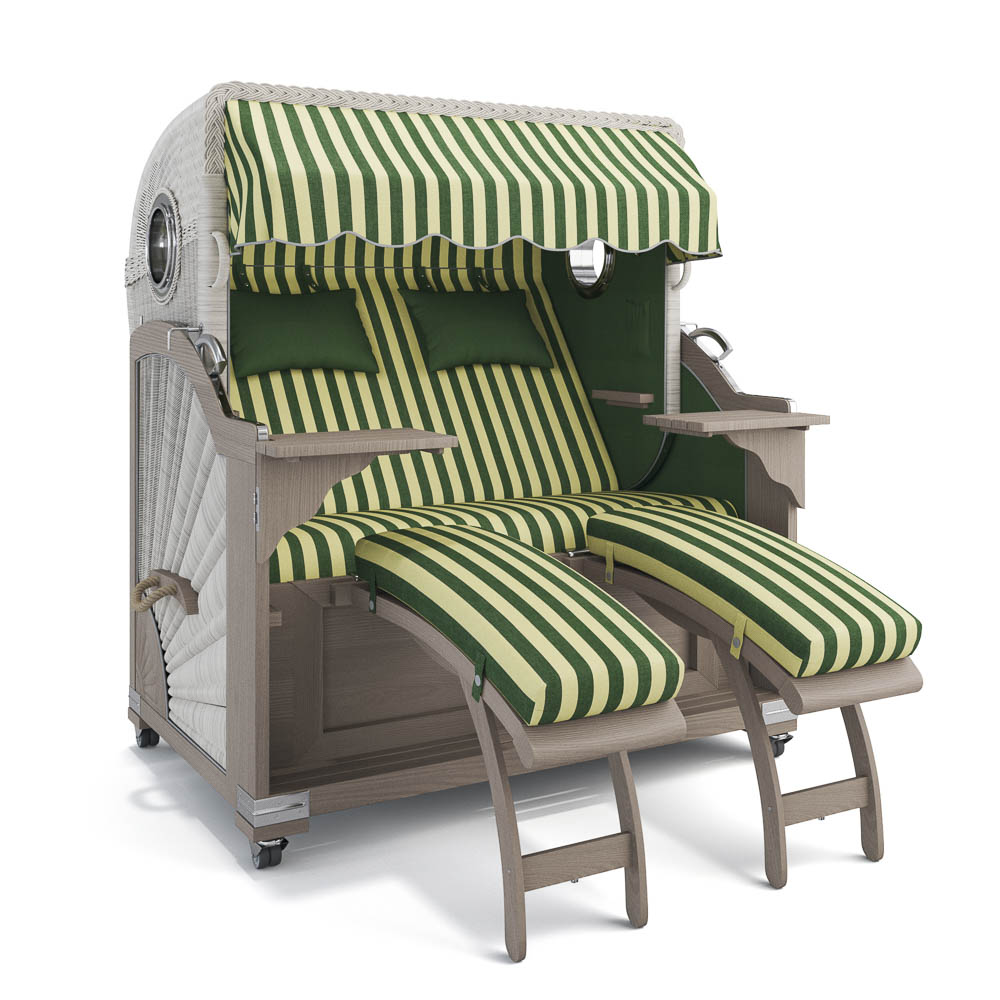 Strandkorb Kampen-Teak Vintage-White Washed-PORTO-grün-creme-82336-46526-mit Bullaugen-TeakSafe anthrazit-Terrassenrollen