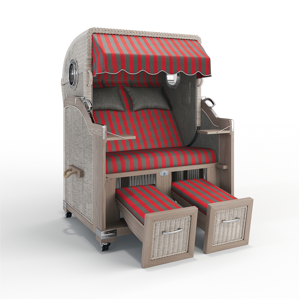 Strandkorb Landhaus Sylt-Teak Vintage-Nature White-MENORCA rot-grau-70300-56203-mit Bullaugen-Silverline-Terrassenrollen