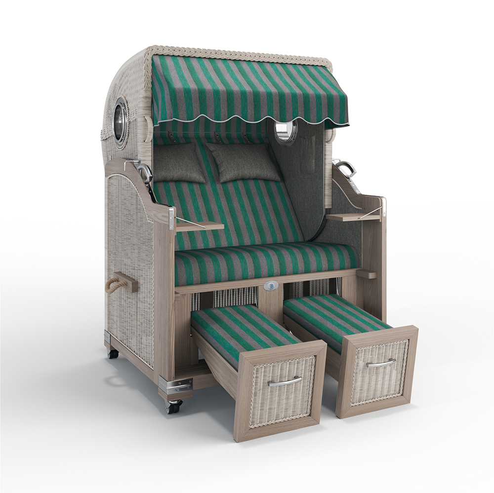 Strandkorb Landhaus Sylt-Teak Vintage-Nature White-MENORCA grün-grau-70600-56203-mit Bullaugen-Silverline-Terrassenrollen