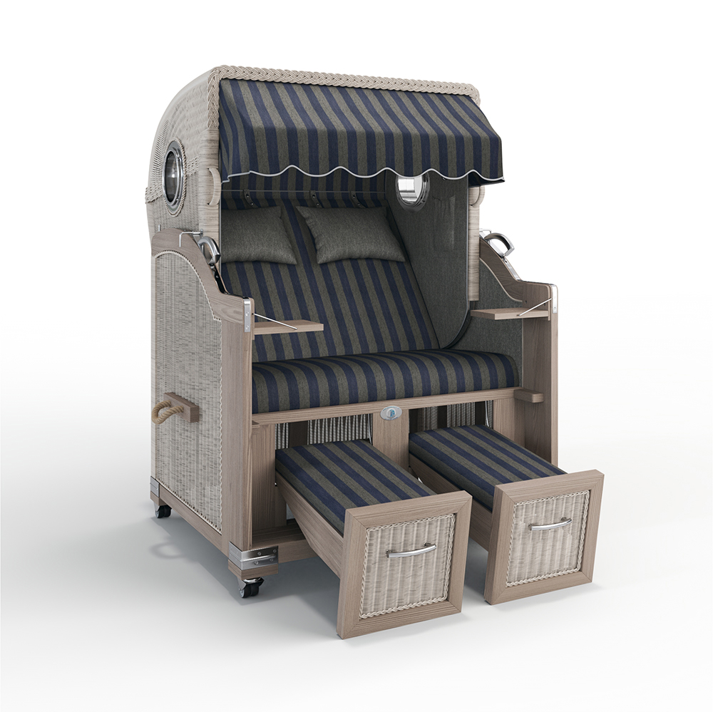 Strandkorb Landhaus Sylt-Teak Vintage-Nature White-MENORCA blau-grau-70500-56203-mit Bullaugen-Silverline-Terrassenrollen