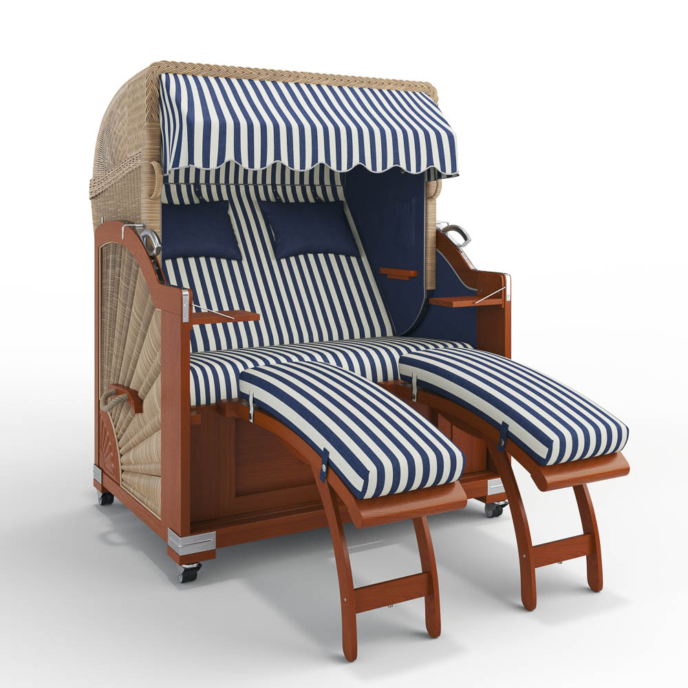 Strandkorb Keitum-Mahagoni-Nature Sand-PORTO-blau-creme-82335-46585-ohne Bullaugen-Silverline-Terrassenrollen