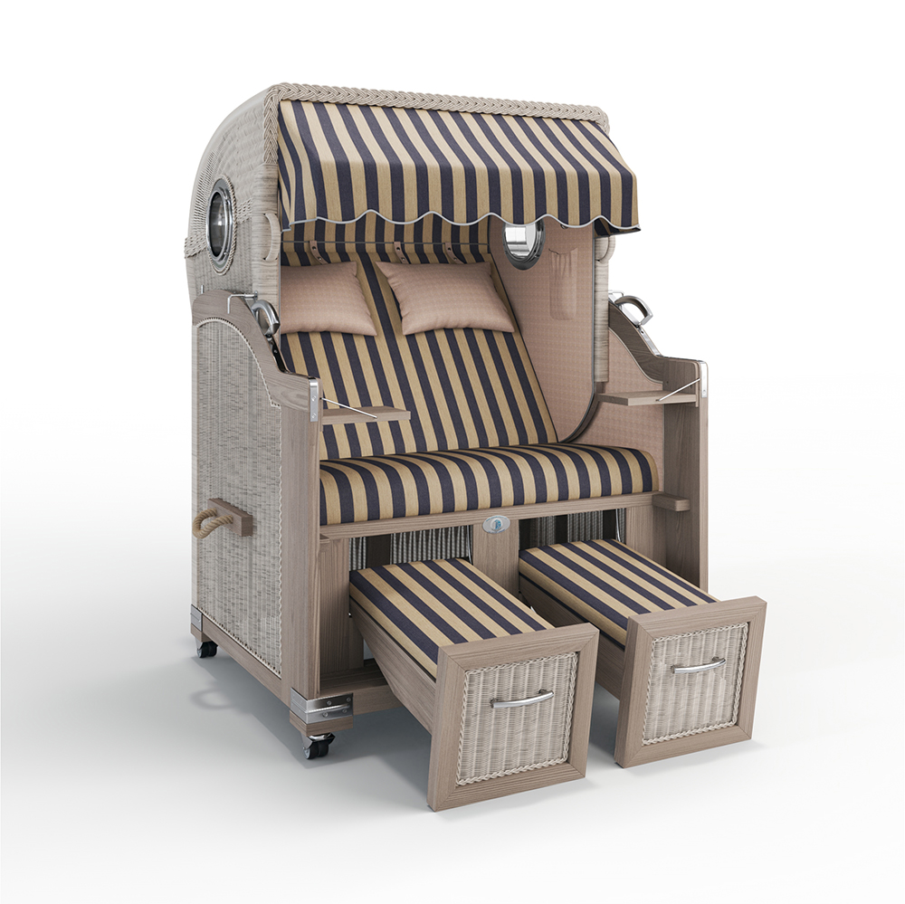 Strandkorb Landhaus Sylt-Teak Vintage-Nature White-MENORCA sand-blau-72150-31420-mit Bullaugen-Silverline-Terrassenrollen