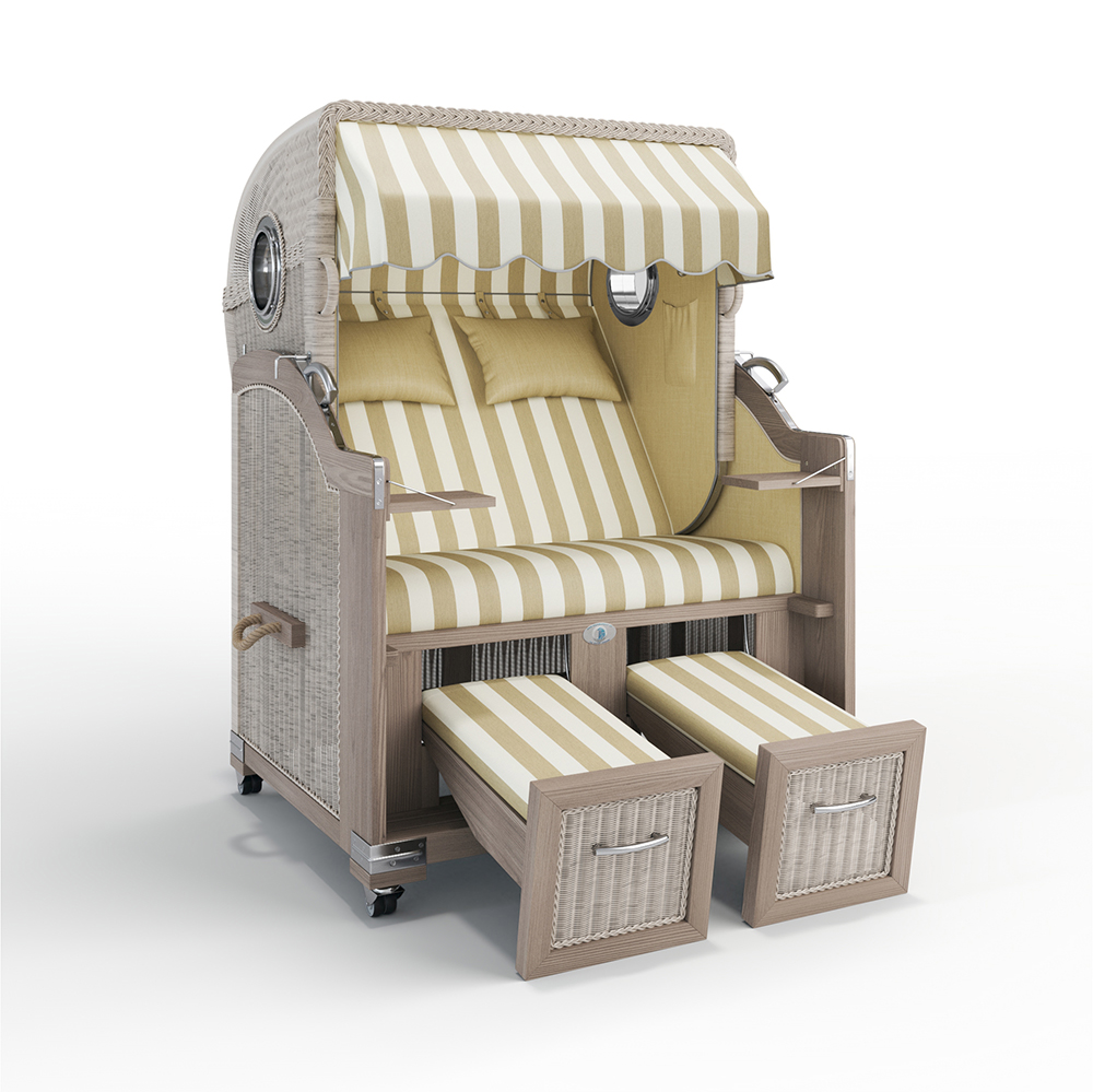 Strandkorb Landhaus Sylt-Teak Vintage-Nature White-CADIZ camel-ecru-32707-32807-mit Bullaugen-Silverline-Terrassenrollen