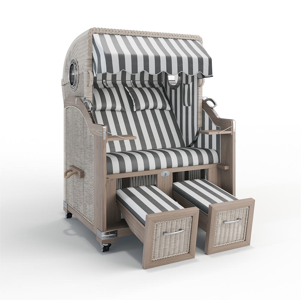 Strandkorb Landhaus Sylt-Teak Vintage-Nature White-HAMBURG grau-45991-45991-mit Bullaugen-Silverline-Terrassenrollen