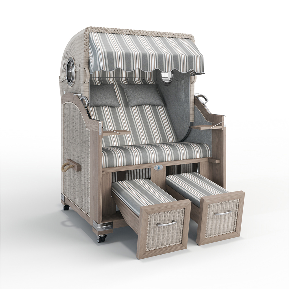 Strandkorb Landhaus Sylt-Teak Vintage-Nature White-GRANADA grau-55208-46518-mit Bullaugen-Silverline-Terrassenrollen