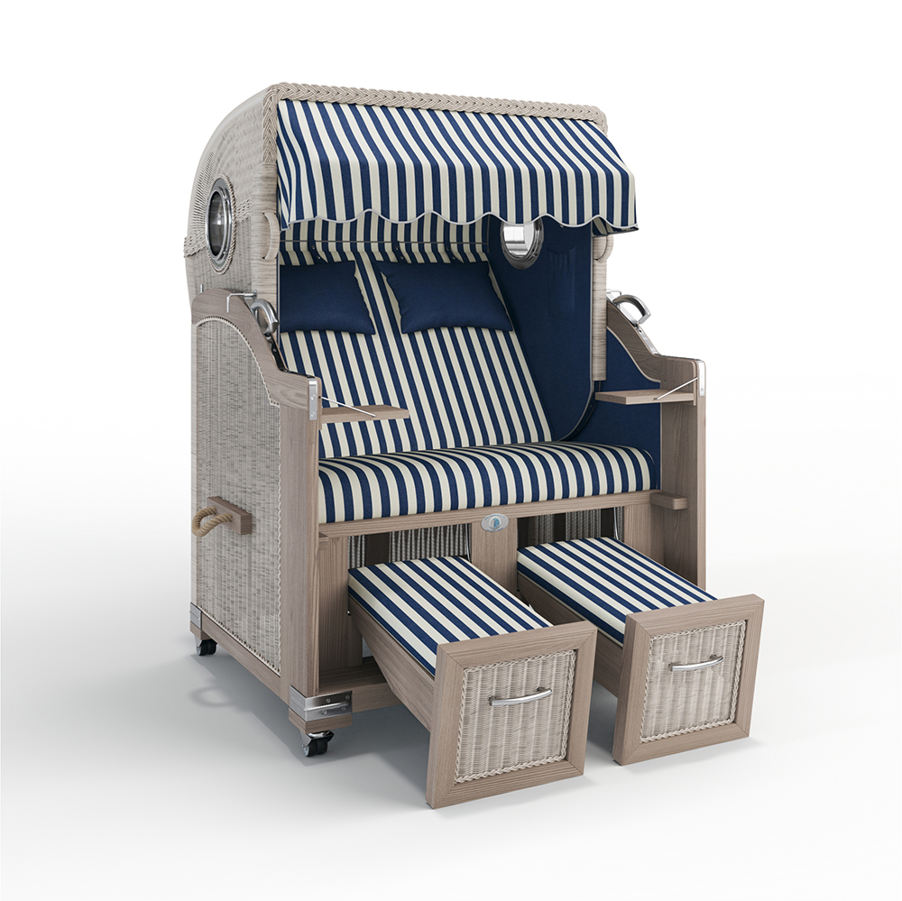 Strandkorb Landhaus Sylt-Teak Vintage-Nature White-PORTO blau-creme-82335-46585-mit Bullaugen-TeakSafe anthrazit-Terrassenrollen