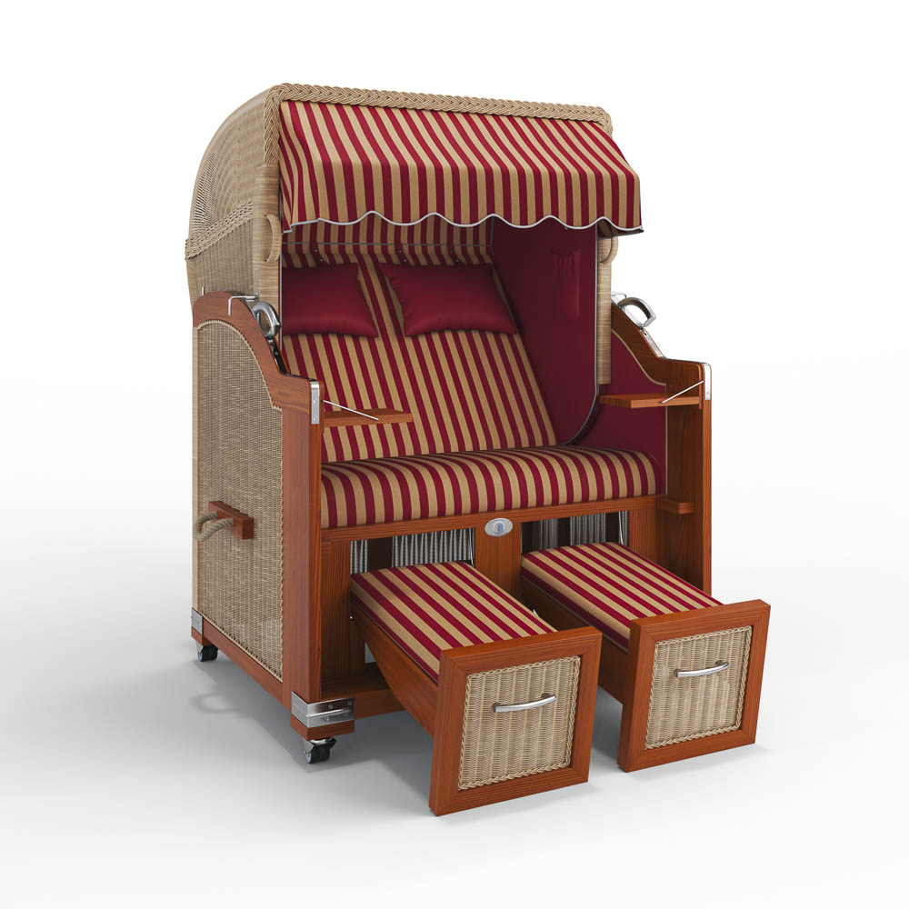 Strandkorb Hörnum-Mahagoni-Nature Sand-PORTO-rot-creme-82333-46573-ohne Bullaugen-TeakSafe anthrazit-Terrassenrollen