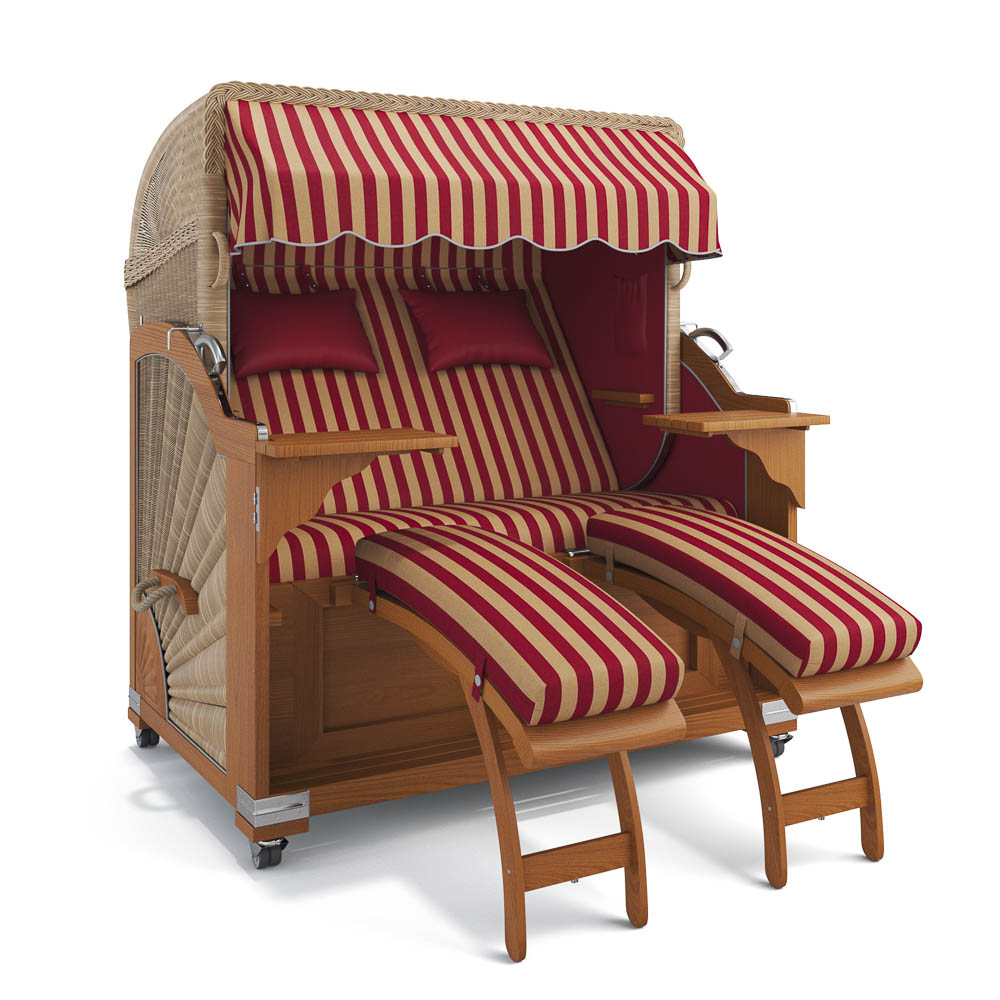 Strandkorb Kampen-Teak-Nature Sand-PORTO-rot-creme-82333-46573-ohne Bullaugen-TeakSafe anthrazit-Terrassenrollen