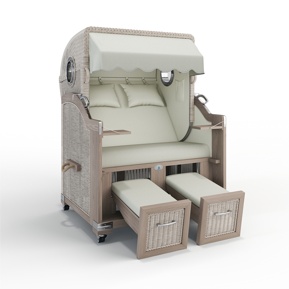 Strandkorb Landhaus Sylt-Teak Vintage-Nature White-ROTTERDAM sand-25100-25100-mit Bullaugen-TeakSafe anthrazit-Terrassenrollen