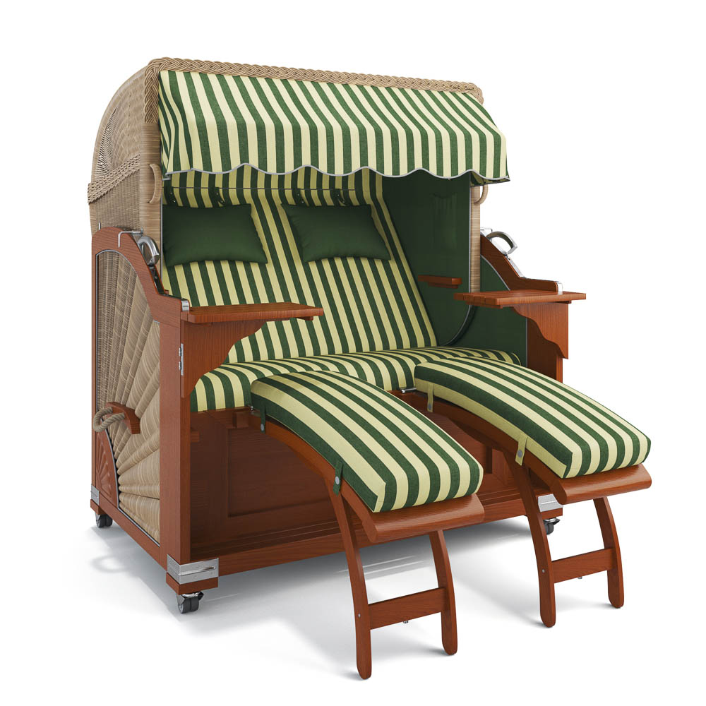 Strandkorb Kampen-Mahagoni-Nature Sand-PORTO-grün-creme-82336-46526-ohne Bullaugen-Silverline-Terrassenrollen