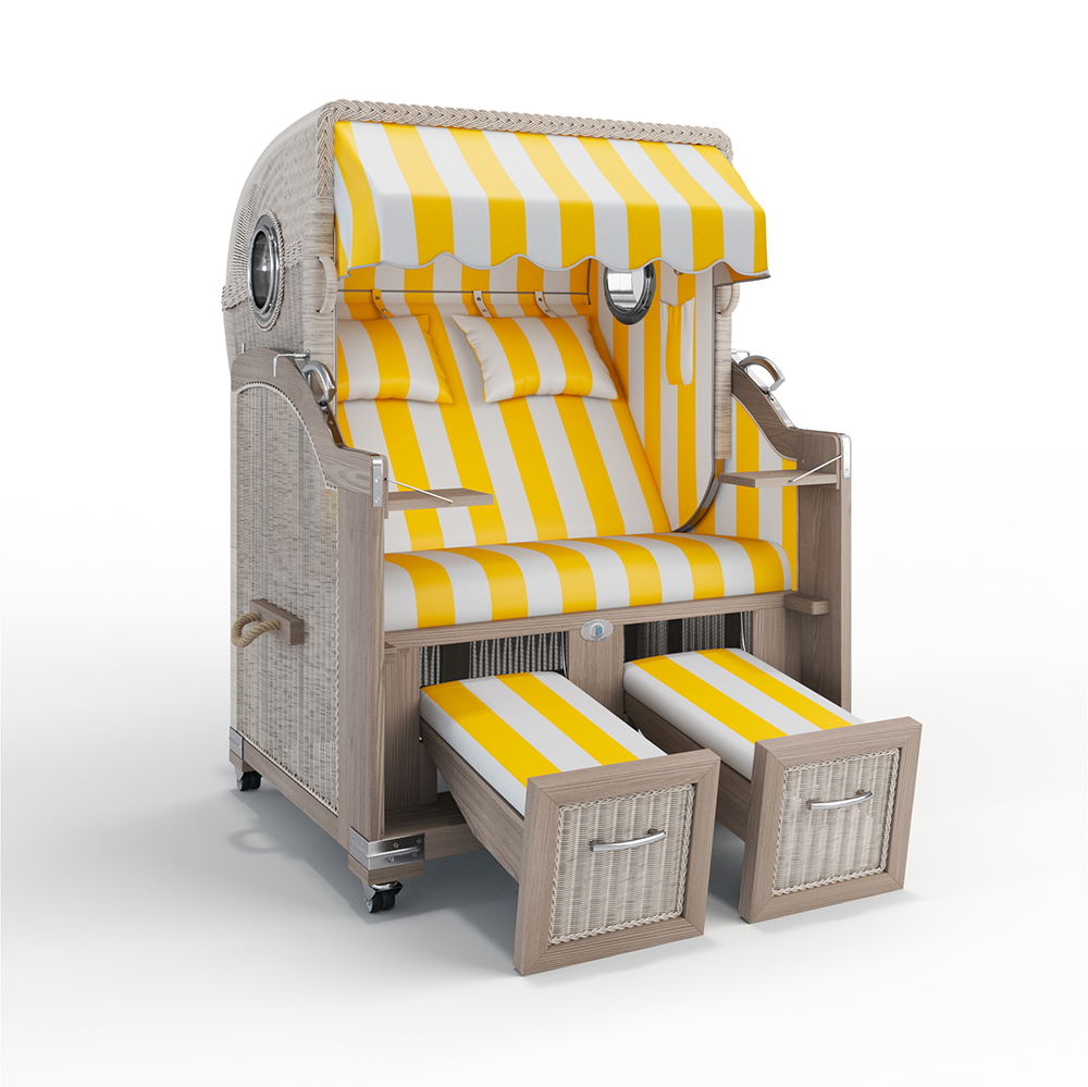 Strandkorb Landhaus Sylt-Teak Vintage-Nature White-PVC BLOCKSTREIFEN gelb-40001-40001-mit Bullaugen-Silverline-Terrassenrollen