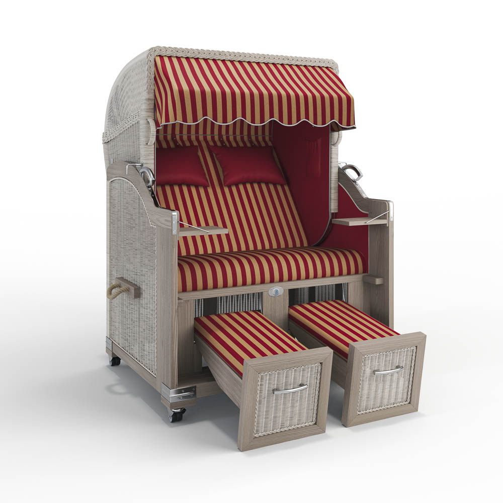 Strandkorb Landhaus Sylt-Teak Vintage-White Washed-PORTO-rot-creme-82333-46573-ohne Bullaugen-Silverline-Terrassenrollen