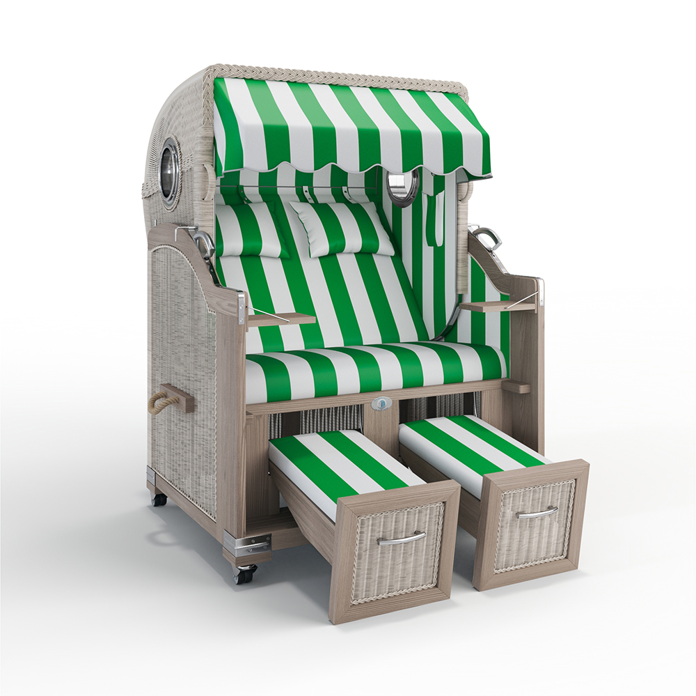 Strandkorb Landhaus Sylt-Teak Vintage-Nature White-PVC BLOCKSTREIFEN grün-40026-40026-mit Bullaugen-Silverline-Terrassenrollen