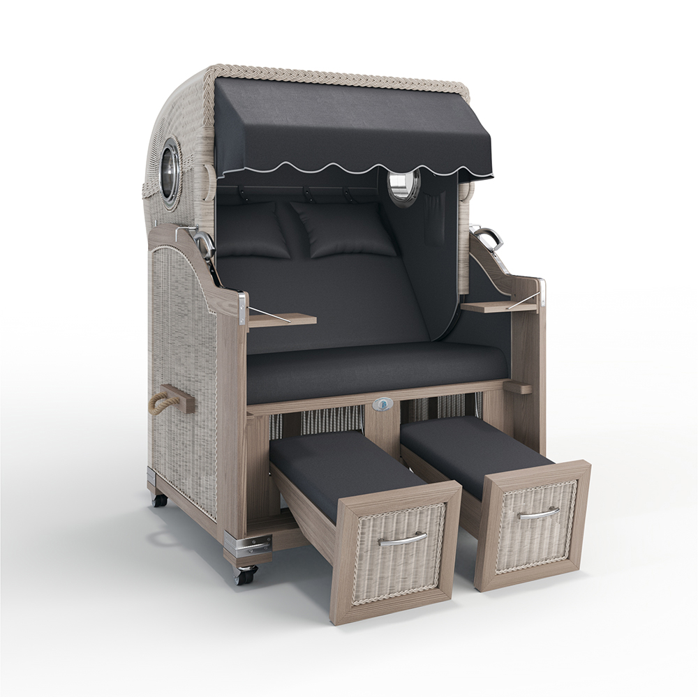 Strandkorb Landhaus Sylt-Teak Vintage-Nature White-HERITAGE anthrazit-35300-35300-mit Bullaugen-TeakSafe anthrazit-Terrassenrollen