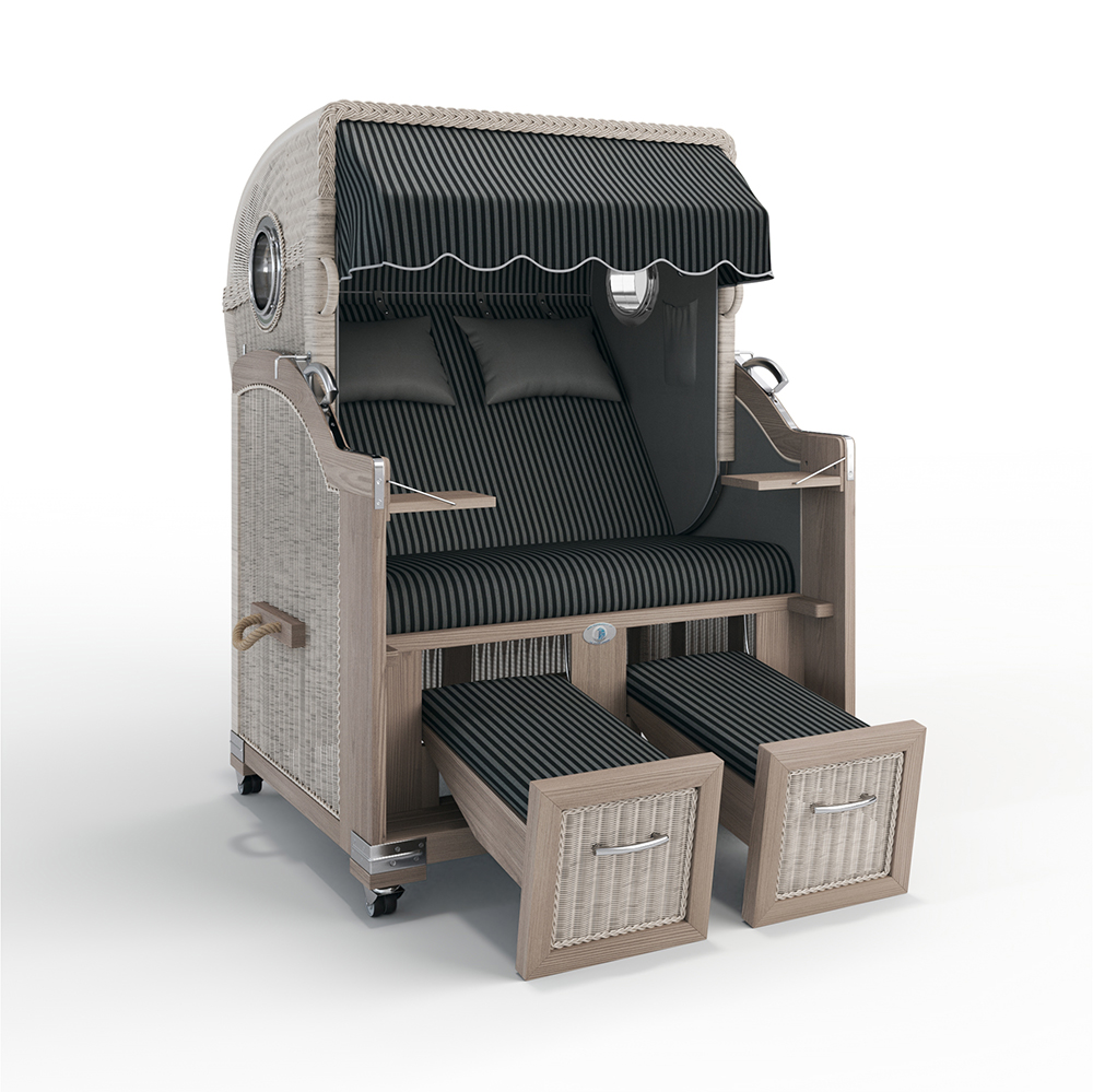 Strandkorb Landhaus Sylt-Teak Vintage-Nature White-NEW YORK anthrazit-57474-57474-mit Bullaugen-TeakSafe anthrazit-Terrassenrollen