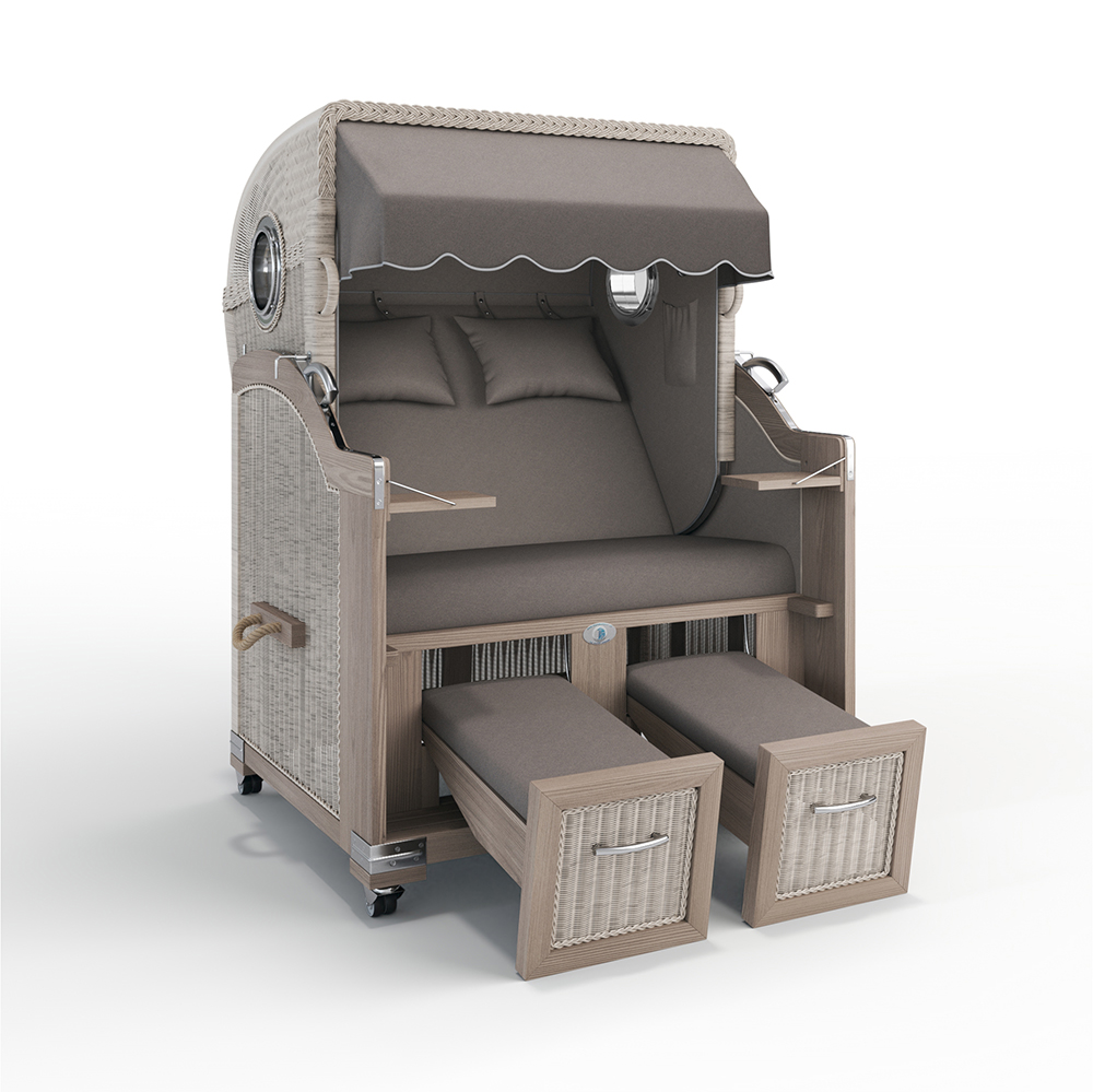 Strandkorb Landhaus Sylt-Teak Vintage-Nature White-SAN SEBASTIAN mittelgrau-31419-31419-mit Bullaugen-TeakSafe anthrazit-Terrassenrollen