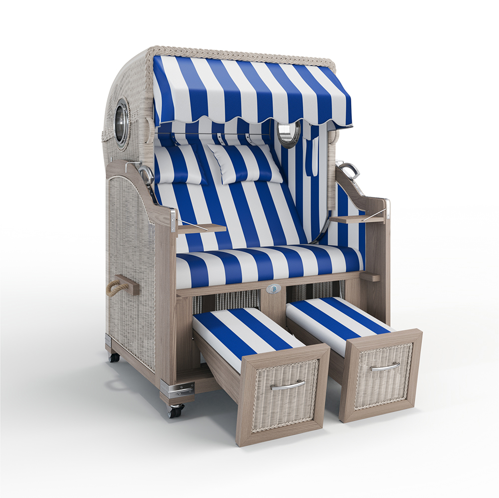 Strandkorb Landhaus Sylt-Teak Vintage-Nature White-PVC BLOCKSTREIFEN blau-40025-40025-mit Bullaugen-Silverline-Terrassenrollen