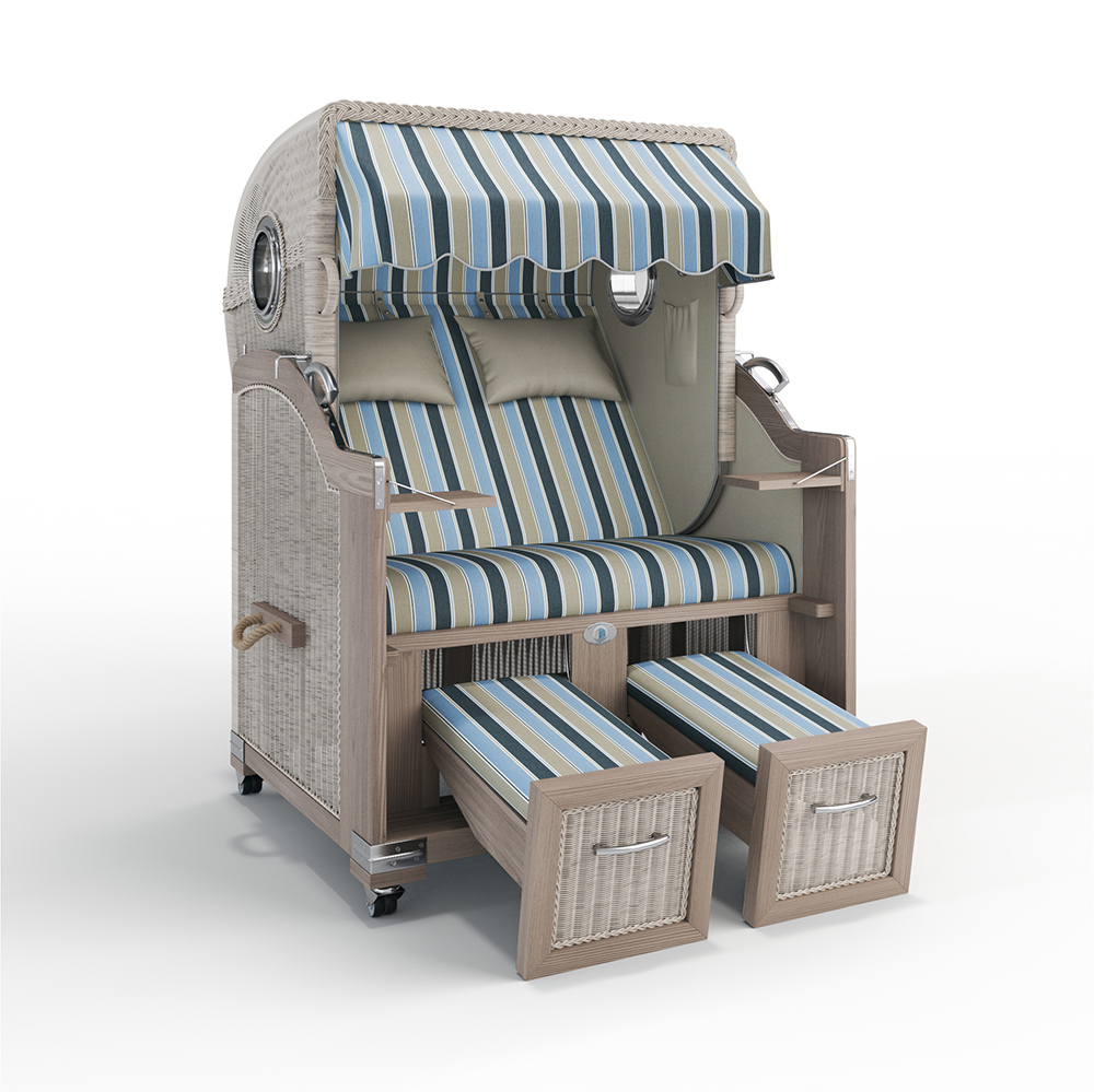 Strandkorb Landhaus Sylt-Teak Vintage-Nature White-VALENCIA blau-taupe-65205-46974-mit Bullaugen-Silverline-Terrassenrollen