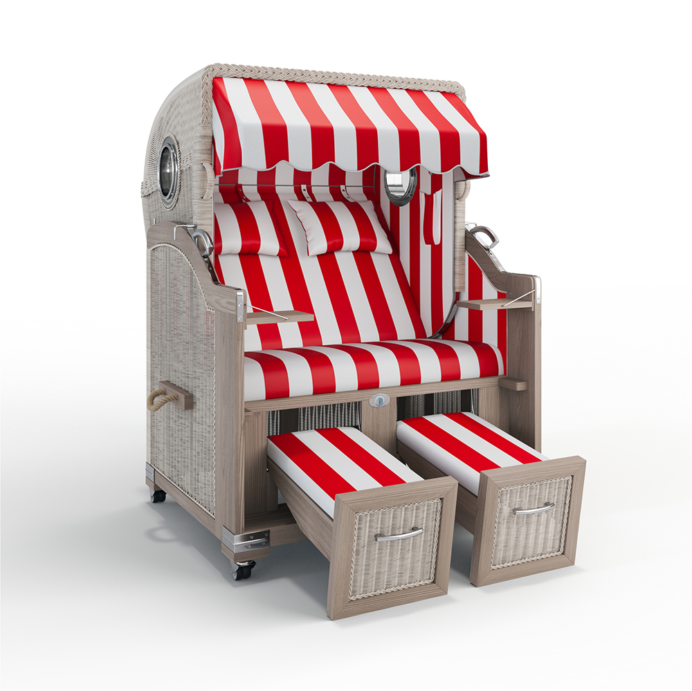 Strandkorb Landhaus Sylt-Teak Vintage-Nature White-PVC BLOCKSTREIFEN rot-40003-40003-mit Bullaugen-Silverline-Terrassenrollen