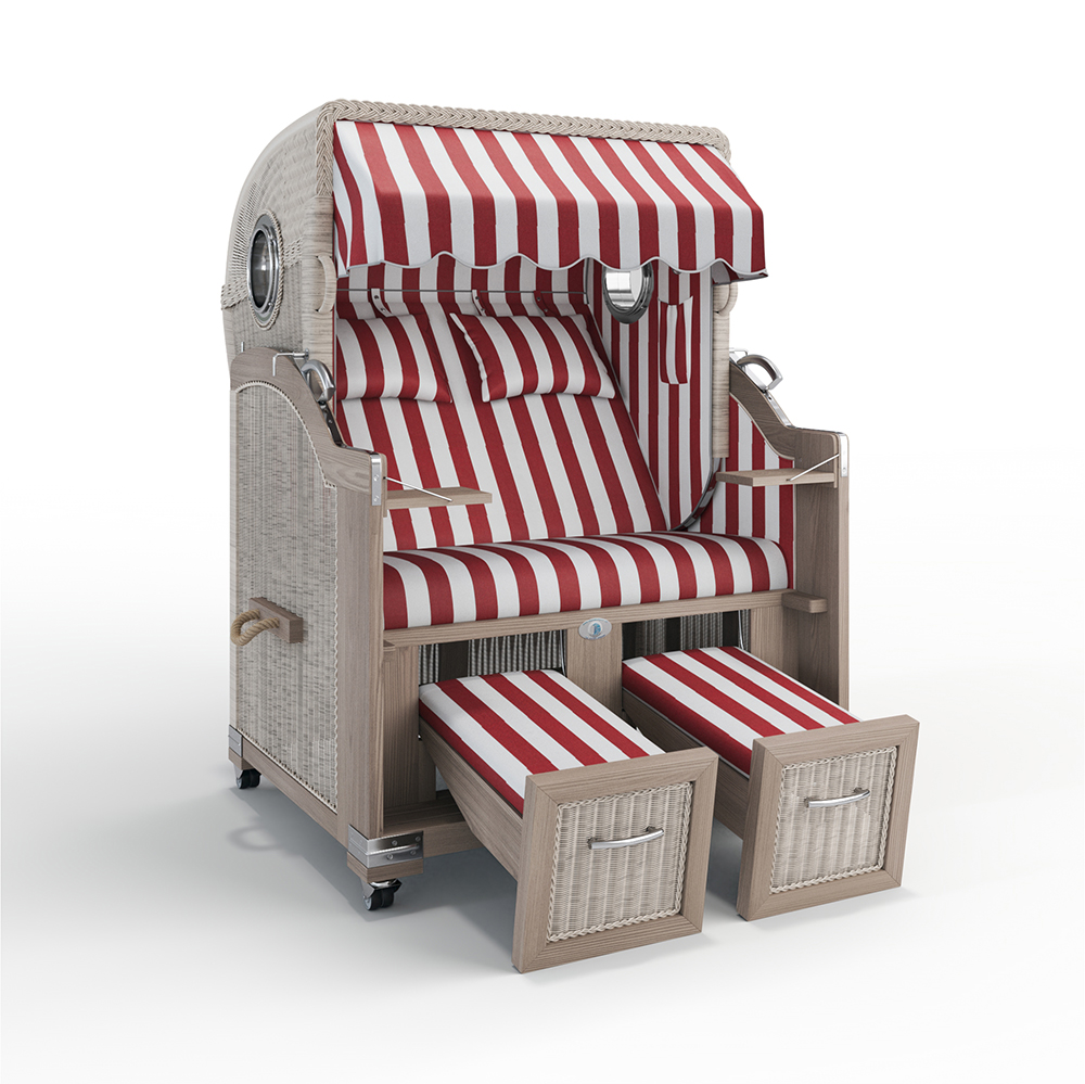 Strandkorb Landhaus Sylt-Teak Vintage-Nature White-HAMBURG rot-45903-45903-mit Bullaugen-TeakSafe grün-Terrassenrollen