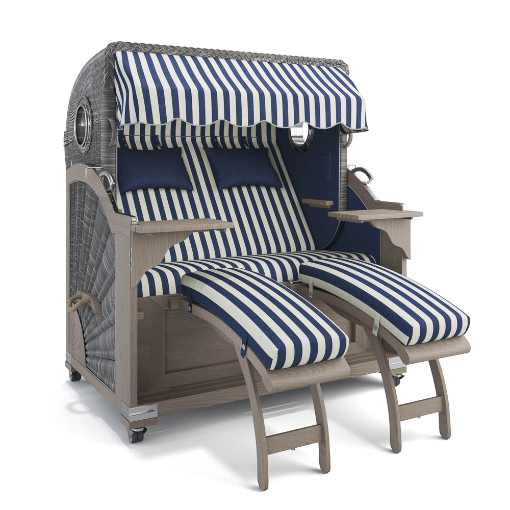 Strandkorb Kampen-Teak Vintage-Old Teak-PORTO-blau-creme-82335-46585-mit Bullaugen-Silverline-Terrassenrollen
