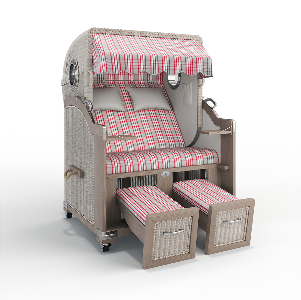 Strandkorb Landhaus Sylt-Teak Vintage-Nature White-PALMA rot-24423-46528-mit Bullaugen-Silverline-Terrassenrollen