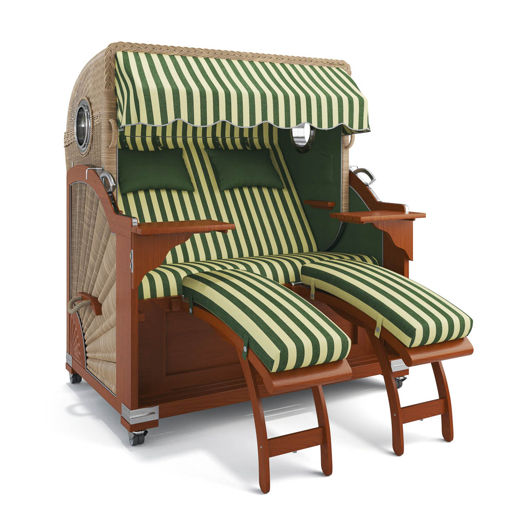 Strandkorb Kampen-Mahagoni-Nature Sand-PORTO-grün-creme-82336-46526-mit Bullaugen-TeakSafe grün-Terrassenrollen