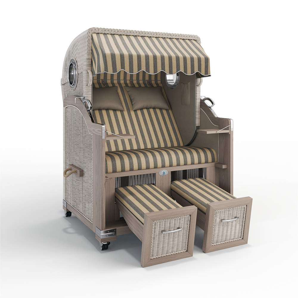 Strandkorb Landhaus Sylt-Teak Vintage-Nature White-MENORCA sand-grau-72158-31421-mit Bullaugen-TeakSafe anthrazit-Terrassenrollen