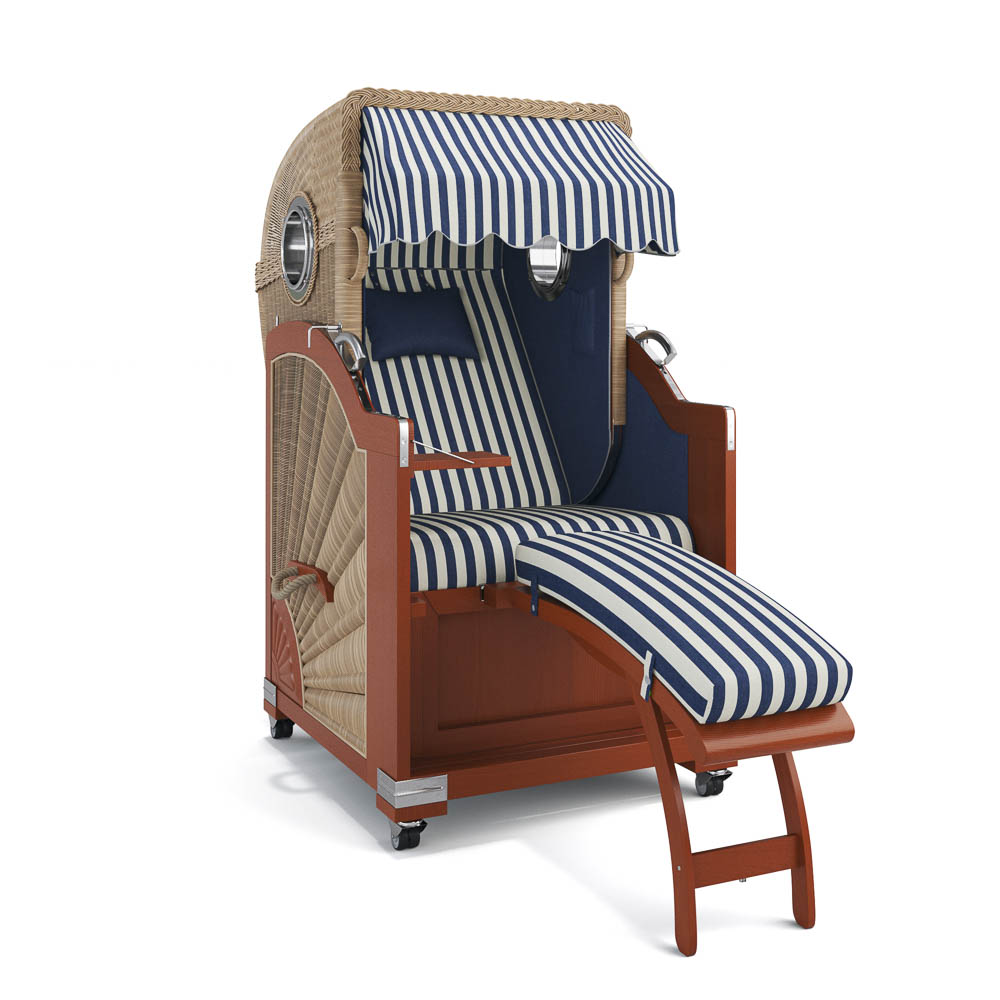 Strandkorb List-Mahagoni-Nature Sand-PORTO-blau-creme-82335-46585-mit Bullaugen-Silverline-Terrassenrollen