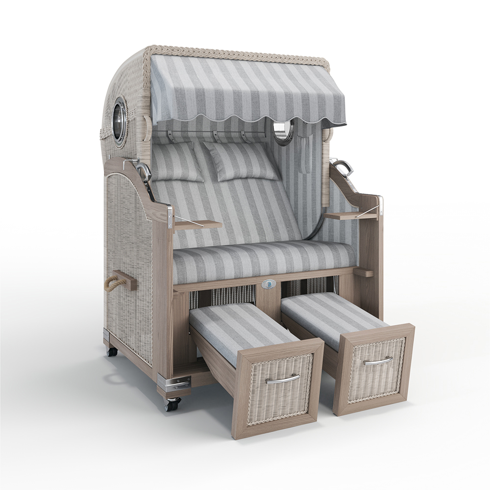 Strandkorb Landhaus Sylt-Teak Vintage-Nature White-INNSBRUCK grau-42655-42655-mit Bullaugen-Silverline-Terrassenrollen