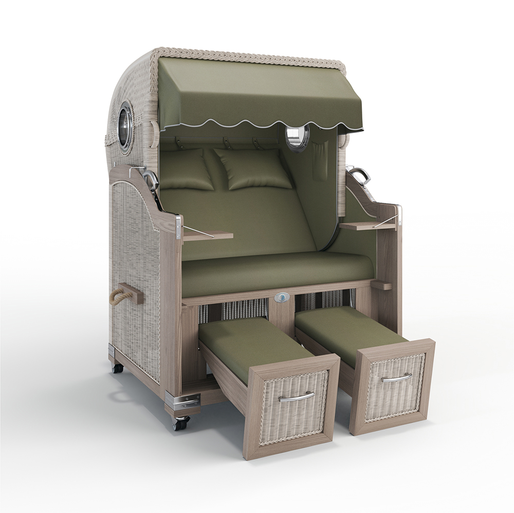 Strandkorb Landhaus Sylt-Teak Vintage-Nature White-SAN SEBASTIAN oliv-31416-31416-mit Bullaugen-TeakSafe anthrazit-Terrassenrollen