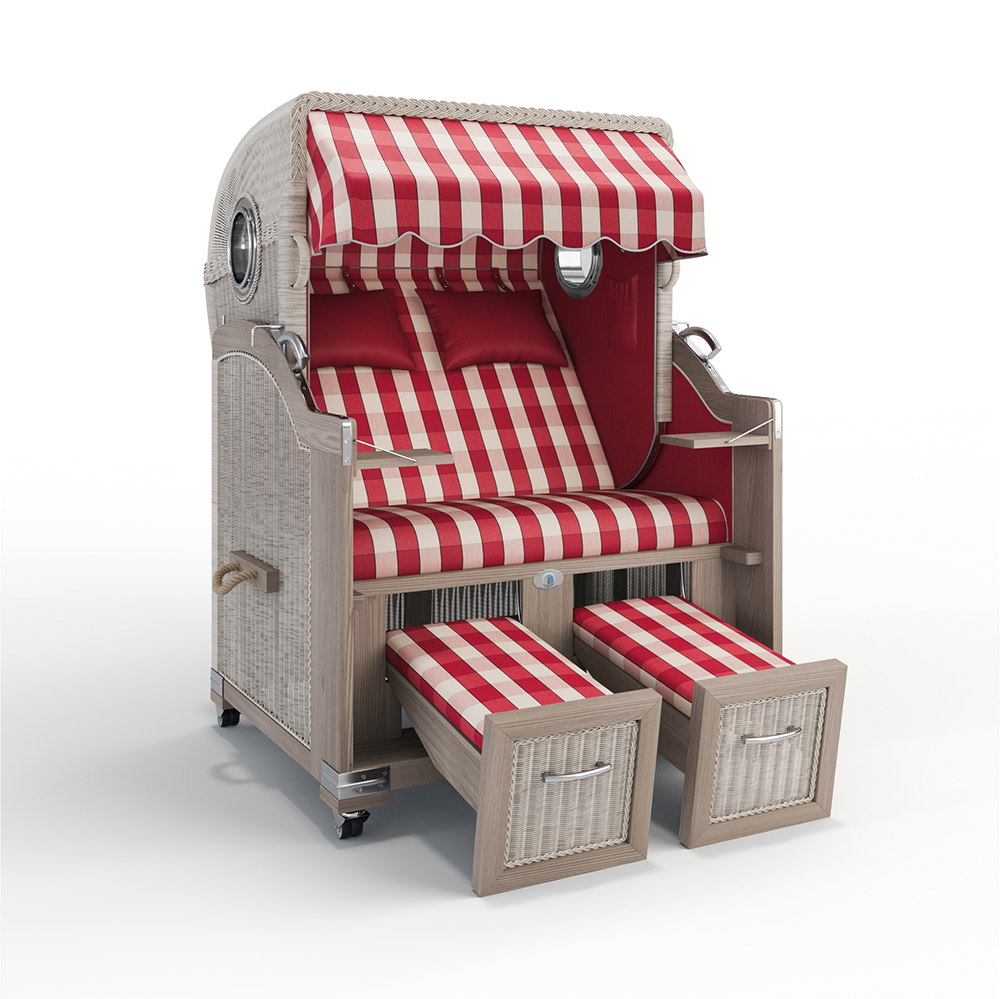 Strandkorb Landhaus Sylt-Teak Vintage-Nature White-MÜNCHEN rot-48103-46573-mit Bullaugen-TeakSafe anthrazit-Terrassenrollen