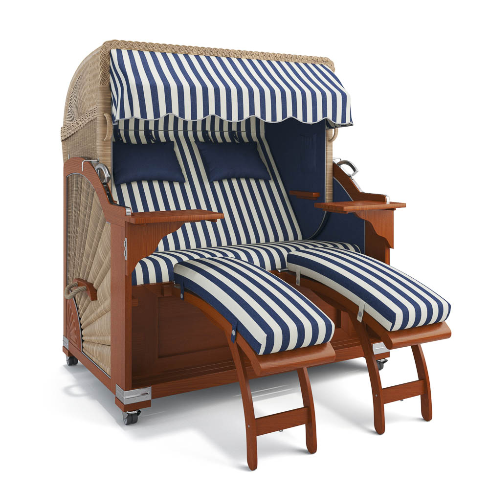 Strandkorb Kampen-Mahagoni-Nature Sand-PORTO-blau-creme-82335-46585-ohne Bullaugen-Silverline-Terrassenrollen