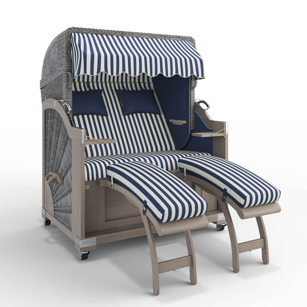 Strandkorb Keitum-Teak Vintage-Old Teak-PORTO-blau-creme-82335-46585-ohne Bullaugen-Silverline-Terrassenrollen