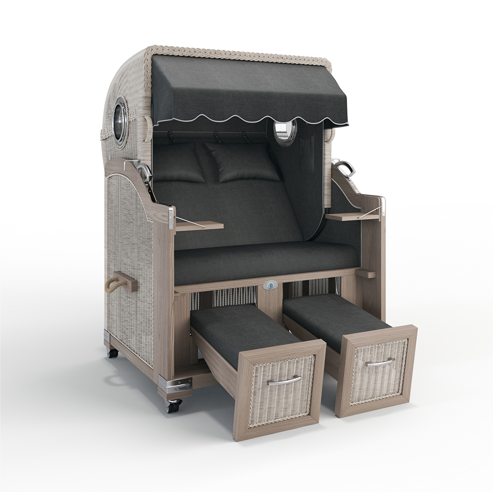 Strandkorb Landhaus Sylt-Teak Vintage-Nature White-SAN SEBASTIAN anthrazit-31418-31418-mit Bullaugen-TeakSafe anthrazit-Terrassenrollen