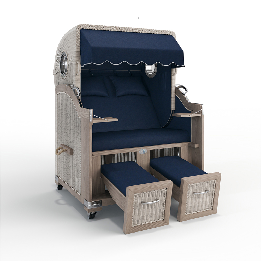 Strandkorb Landhaus Sylt-Teak Vintage-Nature White-SAN SEBASTIAN blau-31415-31415-mit Bullaugen-TeakSafe anthrazit-Terrassenrollen