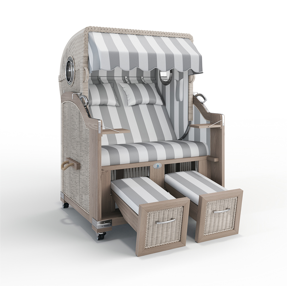 Strandkorb Landhaus Sylt-Teak Vintage-Nature White-PVC BLOCKSTREIFEN grau-40008-40008-mit Bullaugen-TeakSafe grün-Terrassenrollen