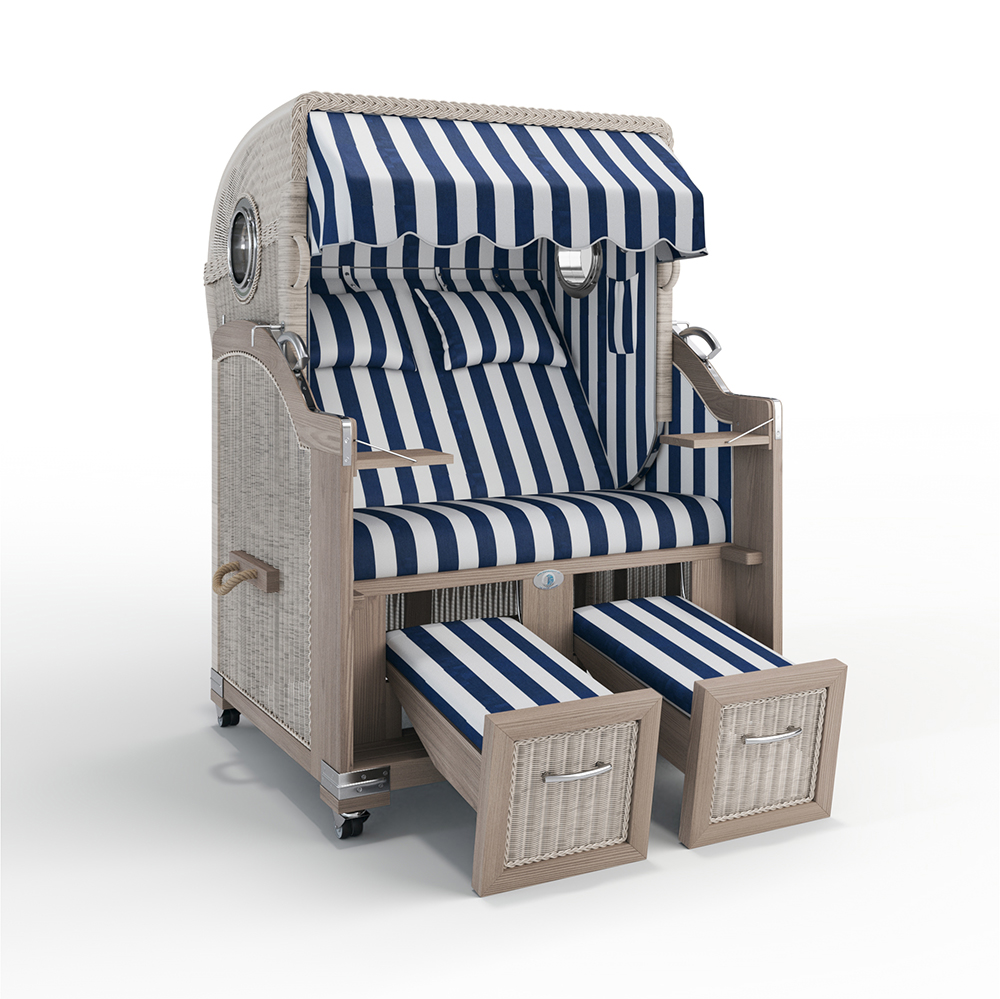 Strandkorb Landhaus Sylt-Teak Vintage-Nature White-HAMBURG blau-45925-45925-mit Bullaugen-Silverline-Terrassenrollen