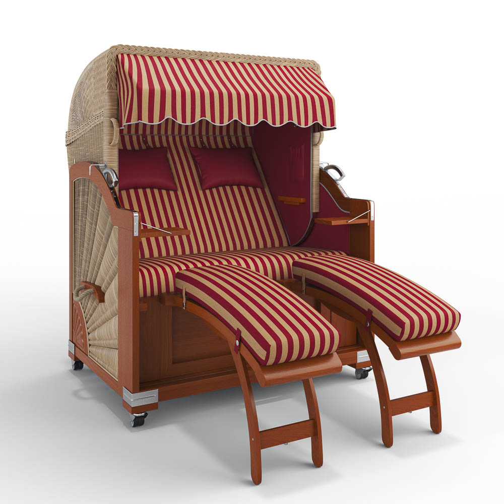 Strandkorb Keitum-Mahagoni-Nature Sand-PORTO-rot-creme-82333-46573-ohne Bullaugen-Silverline-Terrassenrollen