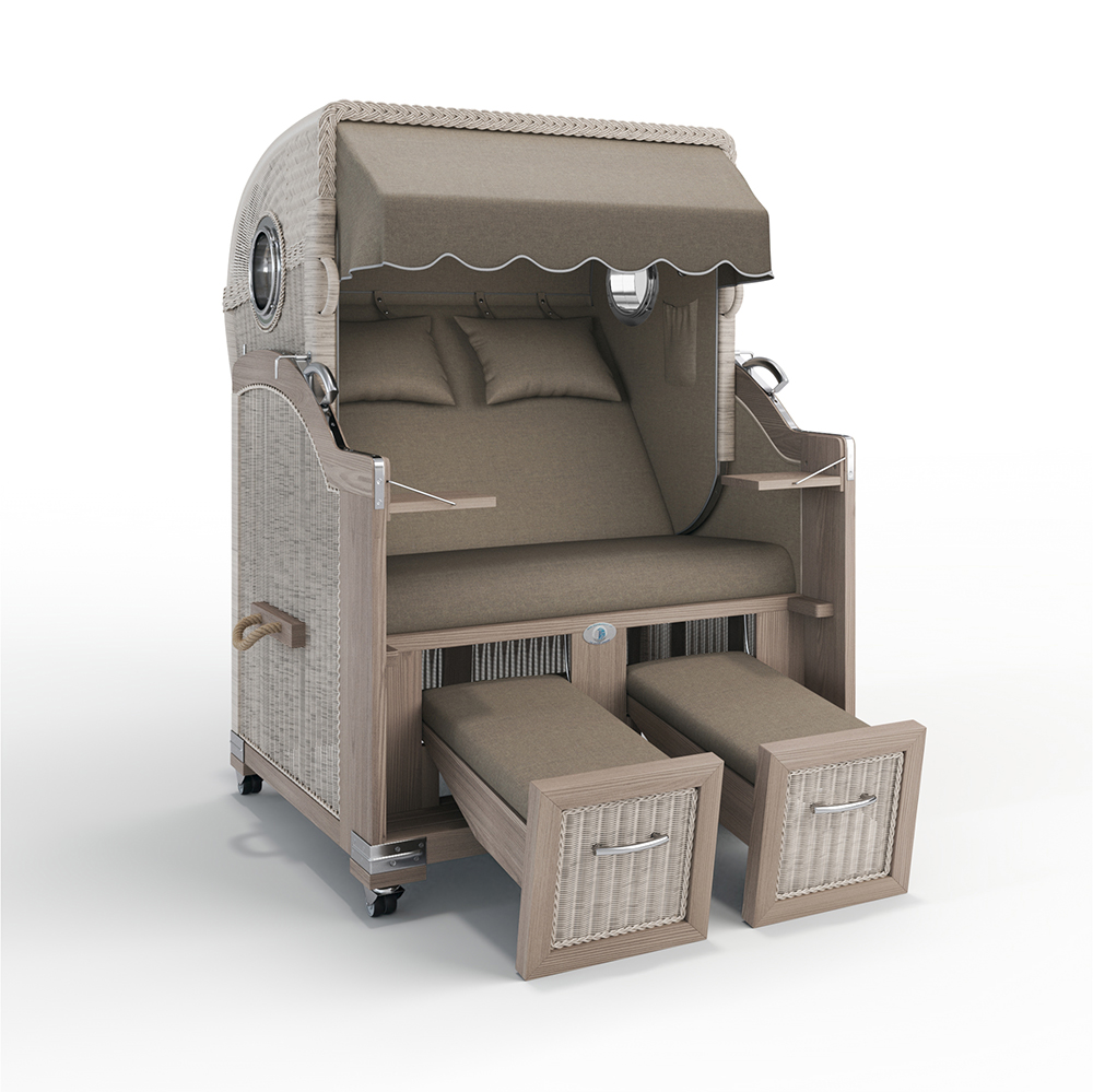 Strandkorb Landhaus Sylt-Teak Vintage-Nature White-SAN SEBASTIAN grau-sand-31421-31421-mit Bullaugen-TeakSafe anthrazit-Terrassenrollen