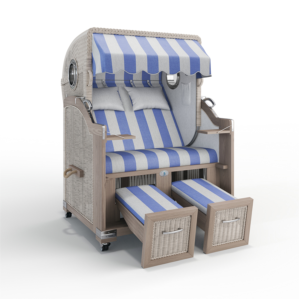 Strandkorb Landhaus Sylt-Teak Vintage-Nature White-BARCELONA grau-blau-63605-64000-mit Bullaugen-Silverline-Terrassenrollen