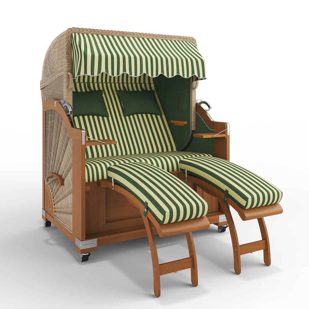 Strandkorb Keitum-Teak-Nature Sand-PORTO-grün-creme-82336-46526-ohne Bullaugen-Silverline-Terrassenrollen